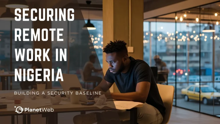 Securing remote work in Nigeria with a focused professional in a modern office.
