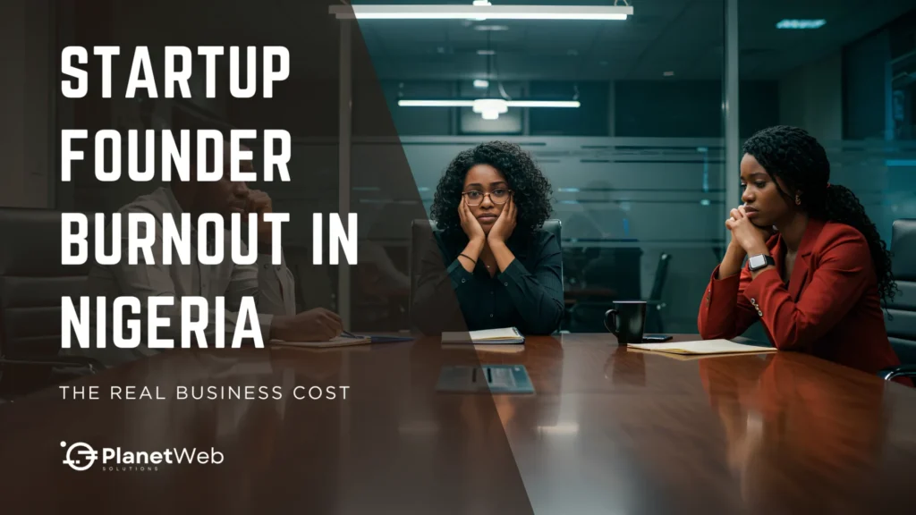 Startup founder burnout in Nigeria shown in a stressed business meeting.