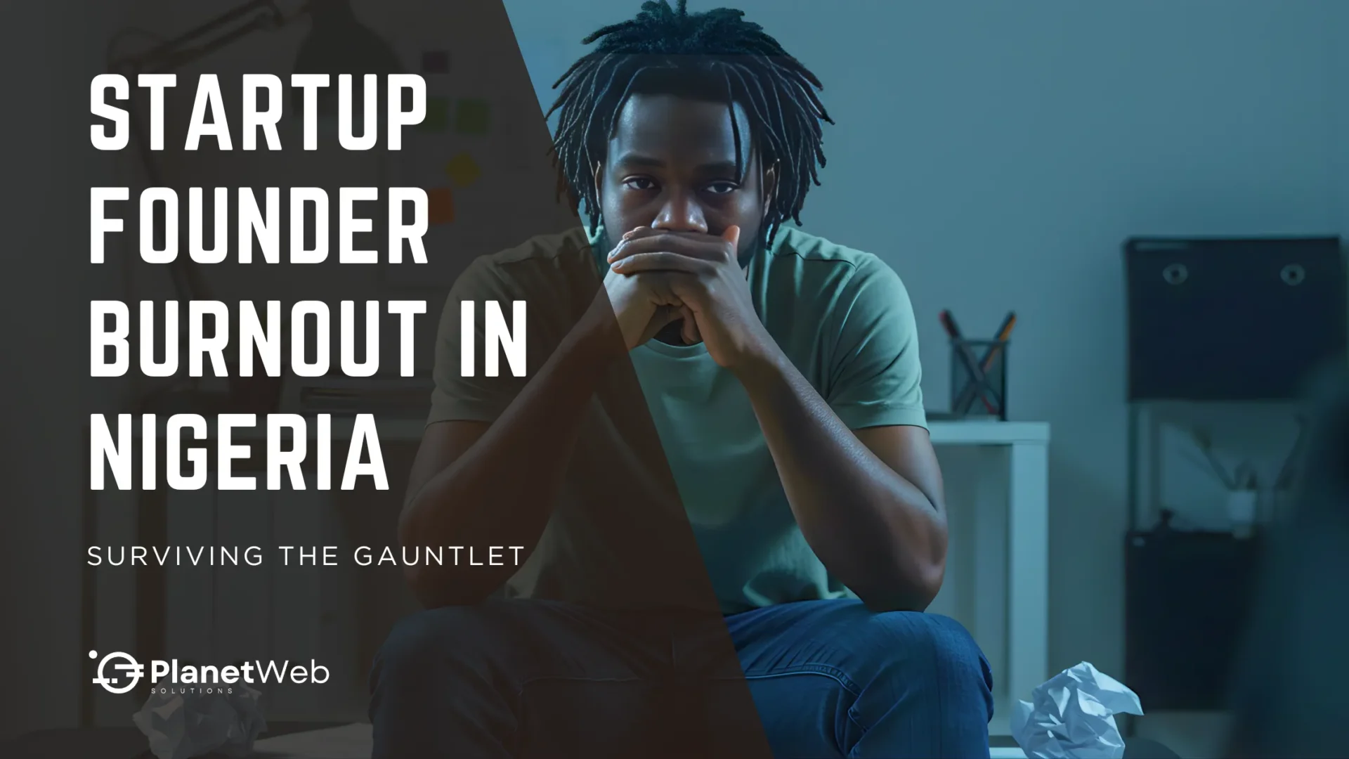 Young Nigerian startup founder in deep thought, illustrating Startup Founder Burnout in Nigeria and entrepreneurial struggles.