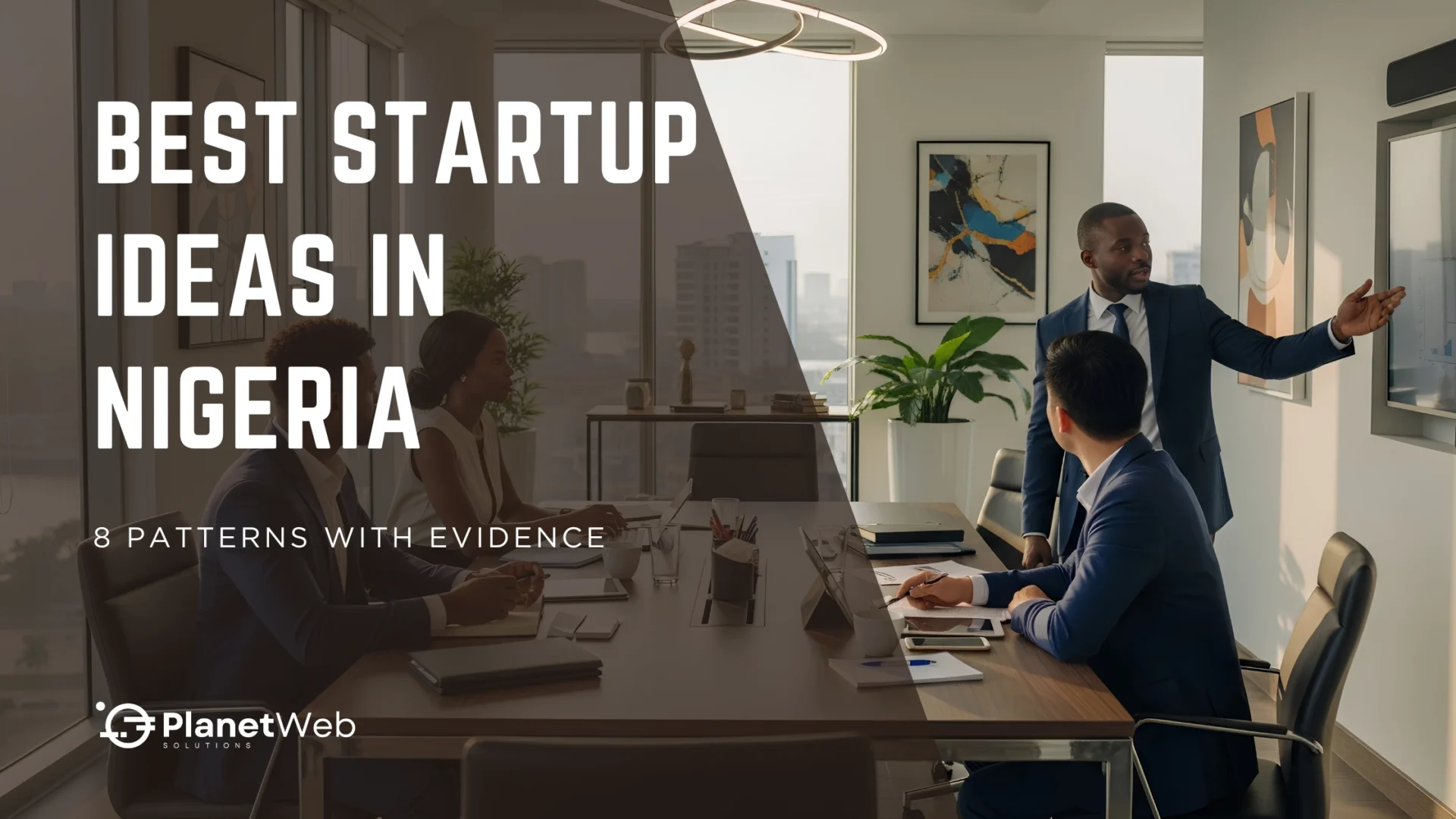 Startup ideas in Nigeria banner with business meeting and presentation.