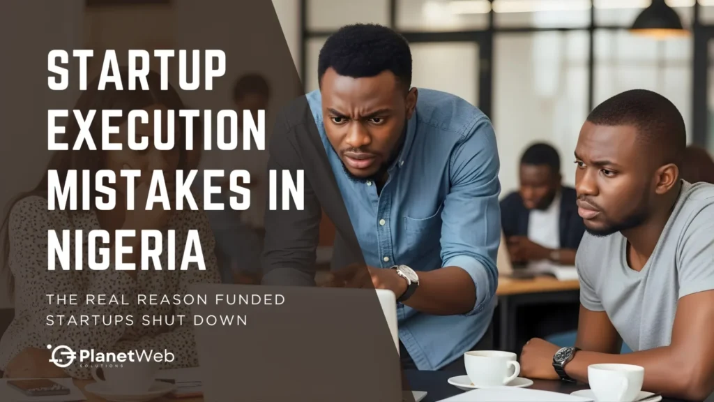 Young entrepreneurs discuss Startup Execution Mistakes in Nigeria at a vibrant co-working space.