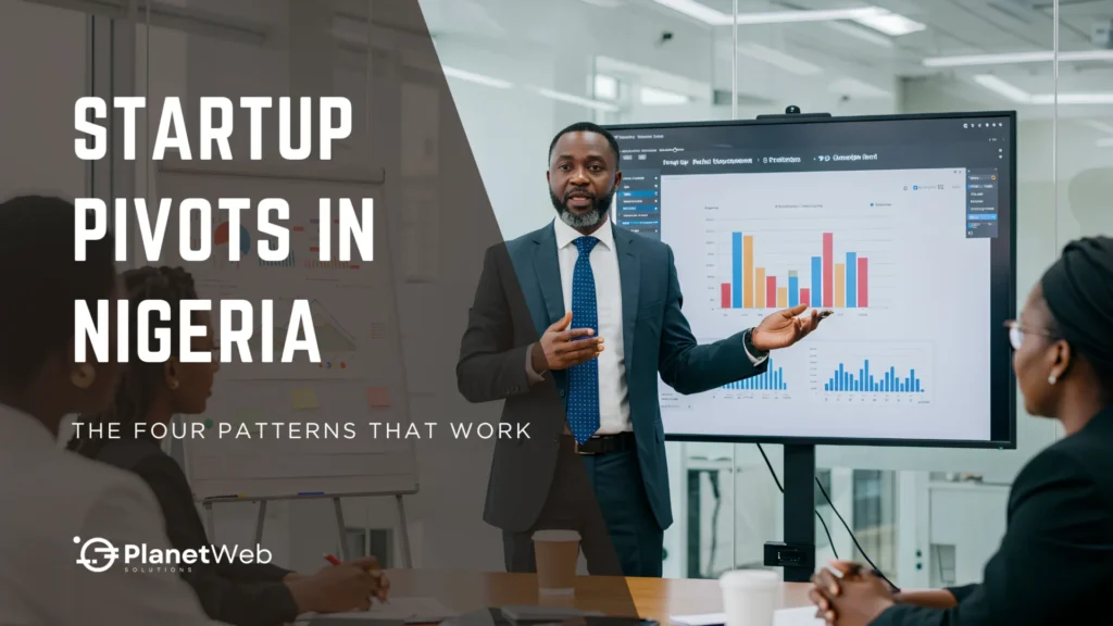 Startup pivots in Nigeria business strategy presentation with charts and team meeting.