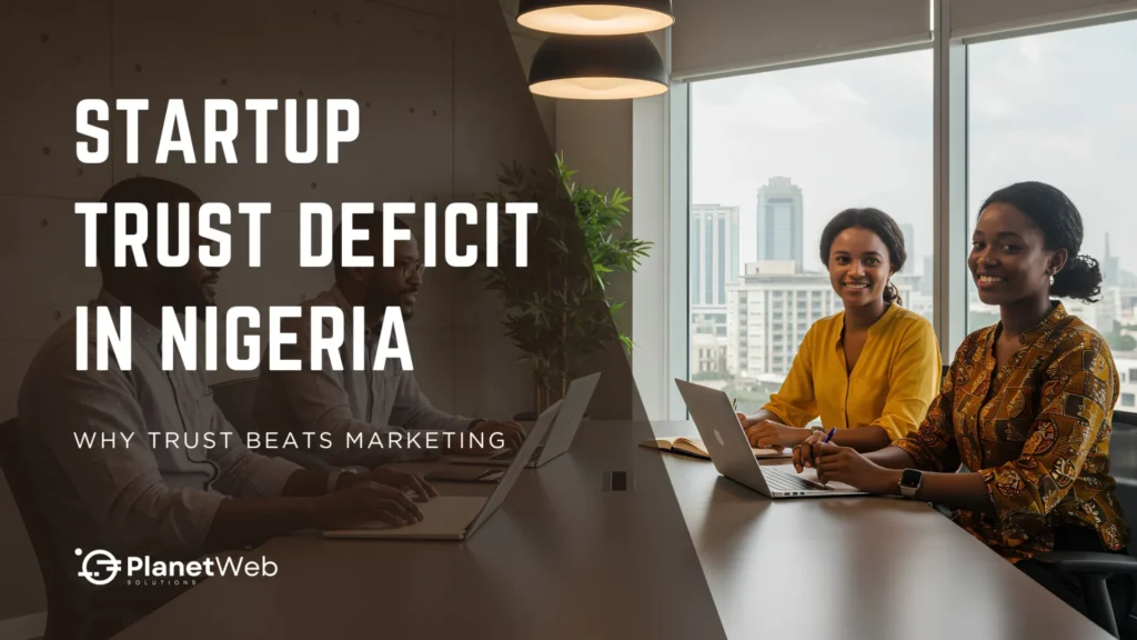 Startup trust deficit in Nigeria banner with two women in a modern conference room.