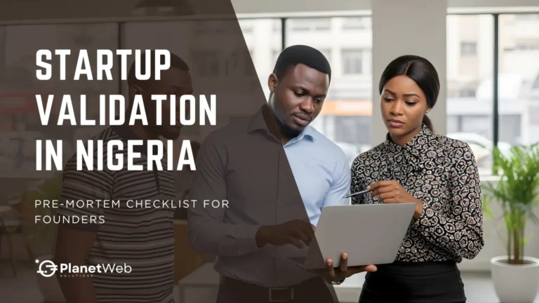 Collaborative workspace scene for startup validation in Nigeria with business partners discussing strategies.