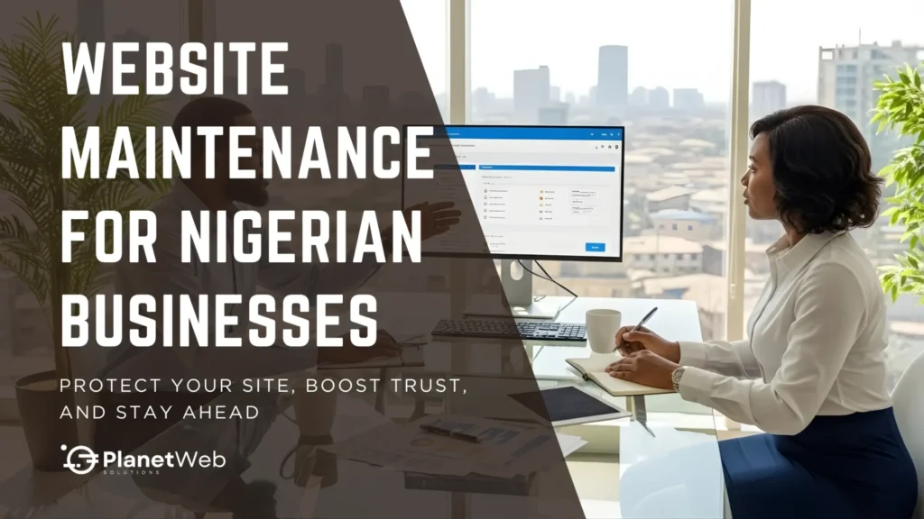 Professional woman managing website maintenance for Nigerian businesses in a modern workspace.