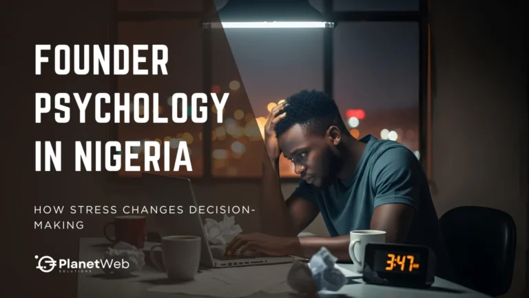 Founder psychology in Nigeria: stressed entrepreneur working late at a desk.