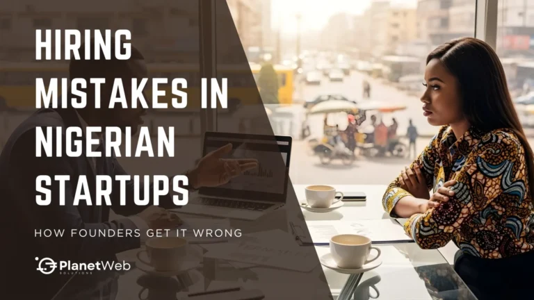 Diverse professionals discuss hiring mistakes in Nigerian startups amid a vibrant urban backdrop.