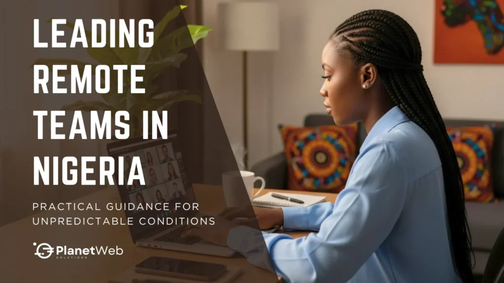 Professional woman in video call discussing leading remote teams in Nigeria.