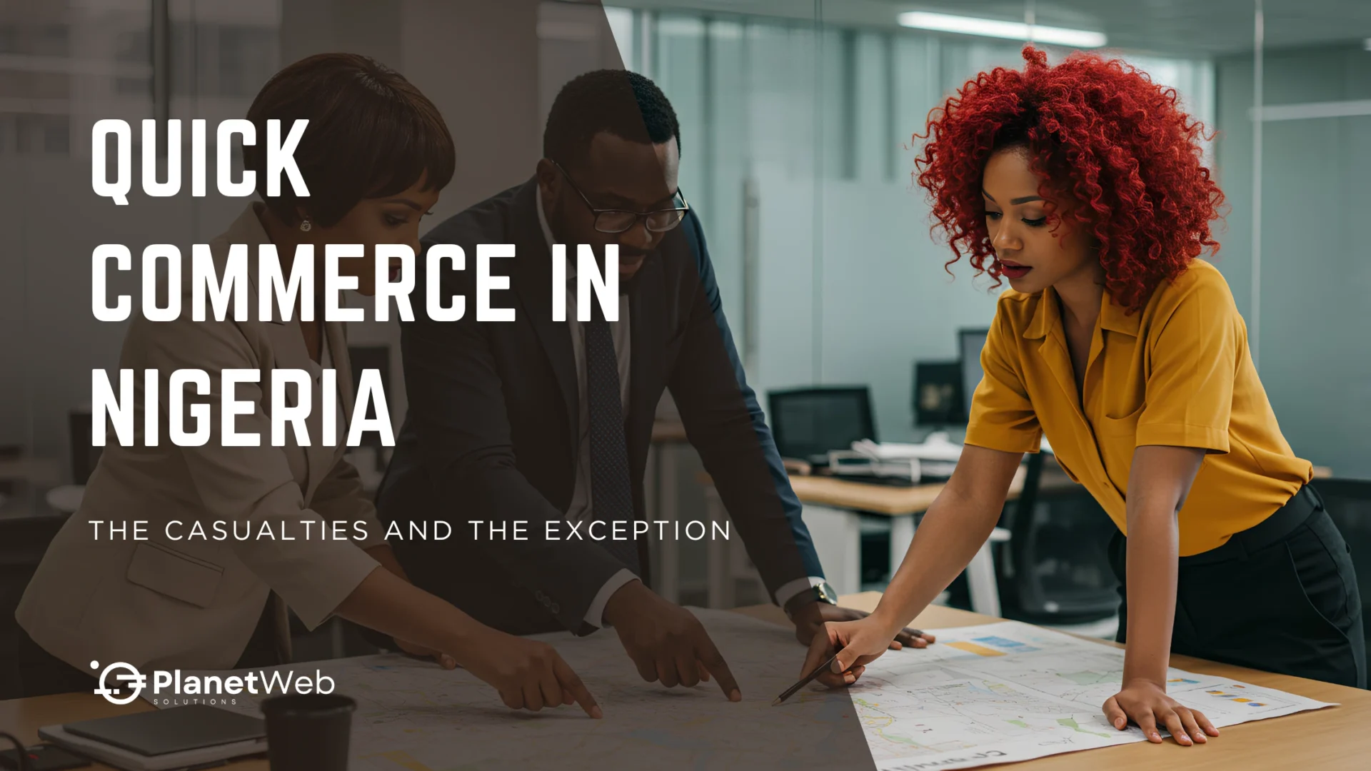 Quick commerce in Nigeria banner with business team analyzing documents in an office.