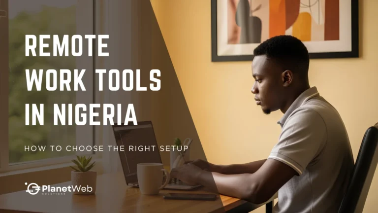 Remote work tools in Nigeria banner with man working from a home office.