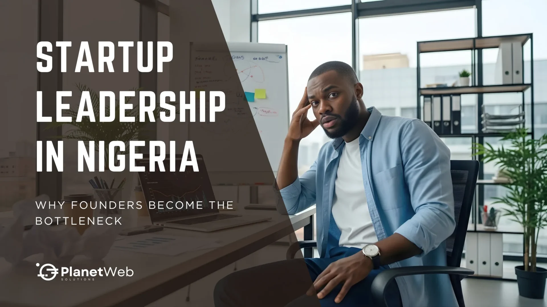 Thoughtful leader in a modern office grappling with Startup Leadership in Nigeria.