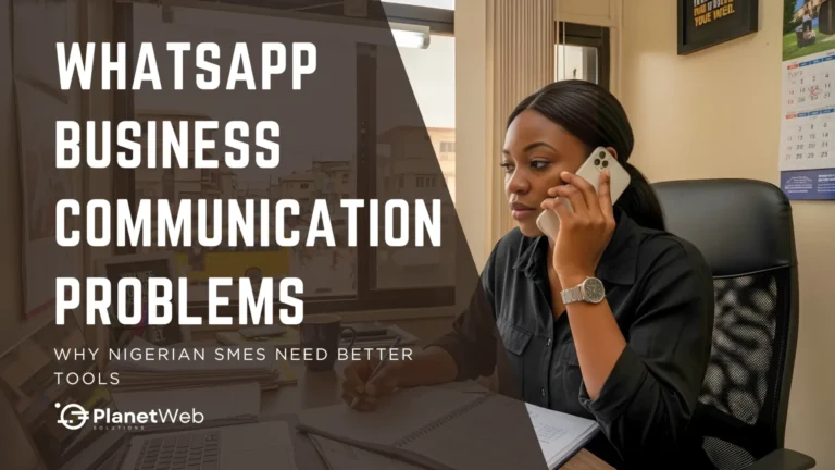 Woman in professional attire addresses WhatsApp business communication problems in a vibrant office setting.
