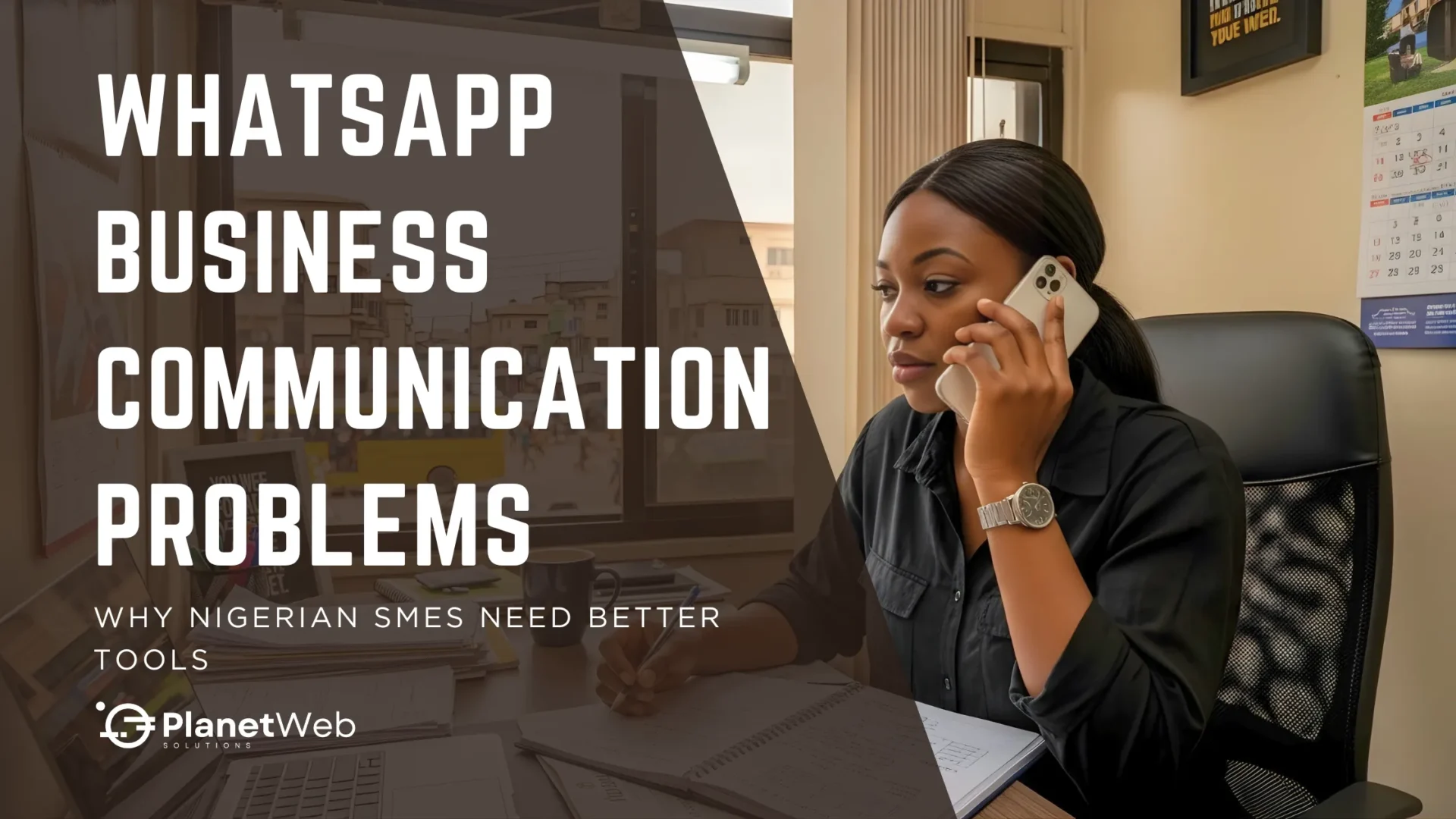 Woman in professional attire addresses WhatsApp business communication problems in a vibrant office setting.