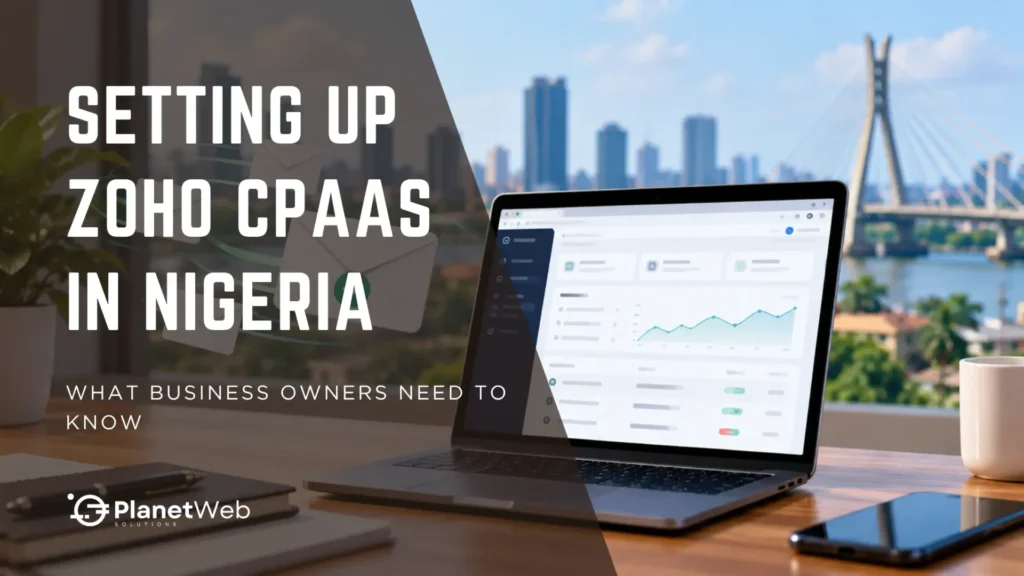 Set up Zoho CPaaS in Nigeria guide banner for business owners, laptop analytics and smartphone workspace.