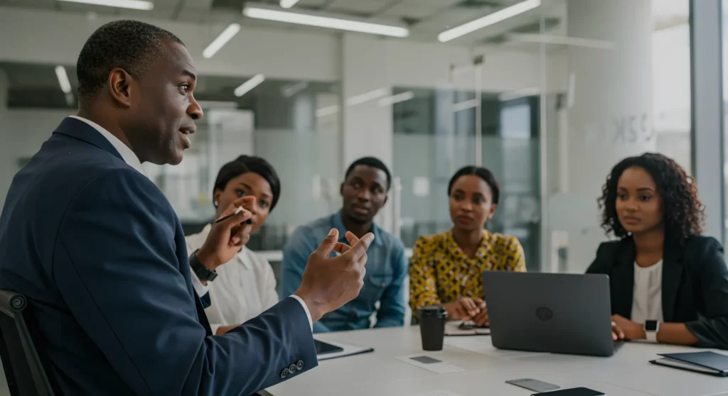 Dynamic business meeting in a modern conference room with diverse professionals engaged in discussion.