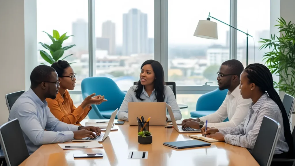 Collaborative meeting in a modern conference room with diverse professionals discussing ideas.
