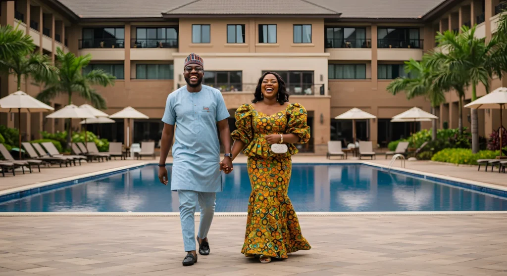 Happy couple in vibrant attire walking by a luxurious pool at a resort.