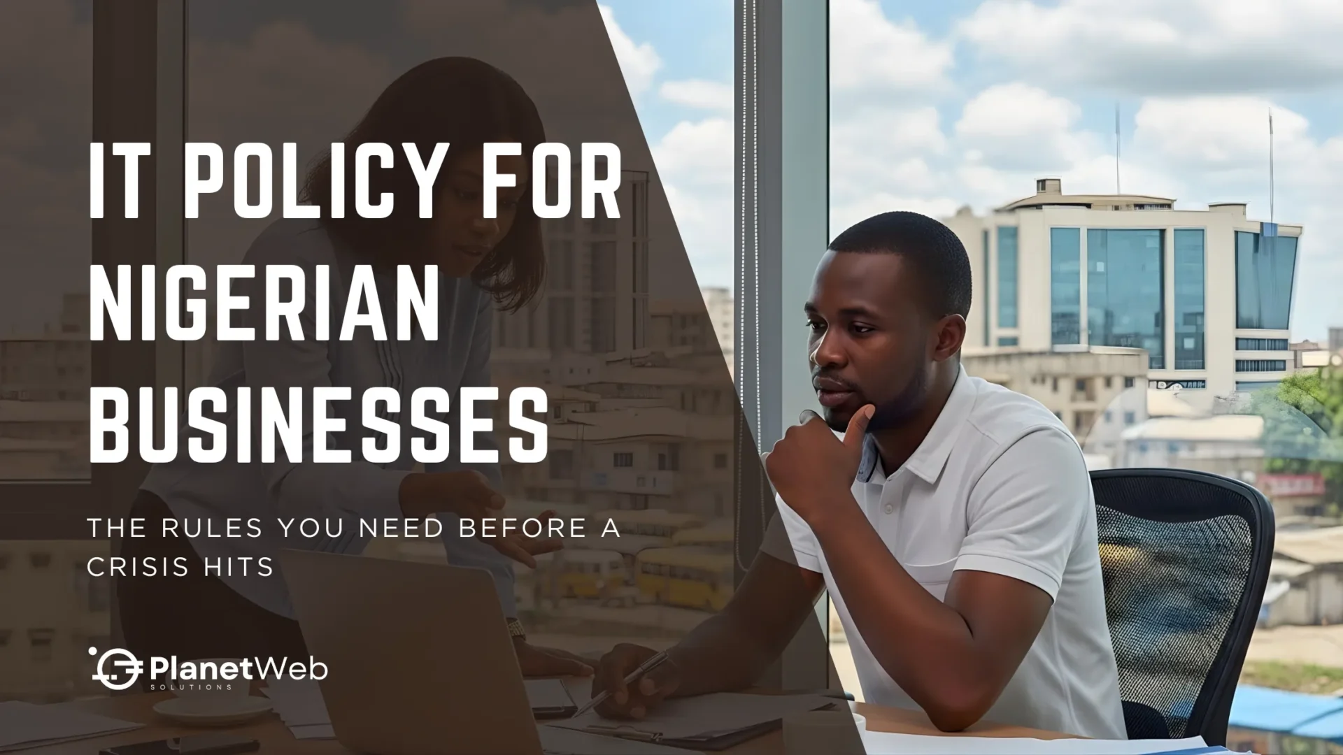 Professional workspace discussing IT policy for Nigerian businesses to prevent crises effectively.