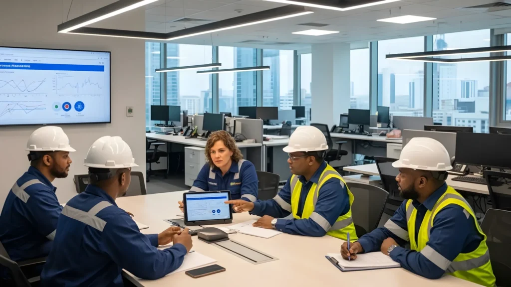 Professionals in a modern office collaborate on construction data analysis during a meeting.