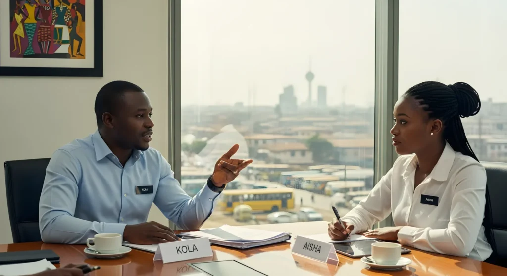 Professional meeting in modern office with city views, highlighting collaboration and creativity.
