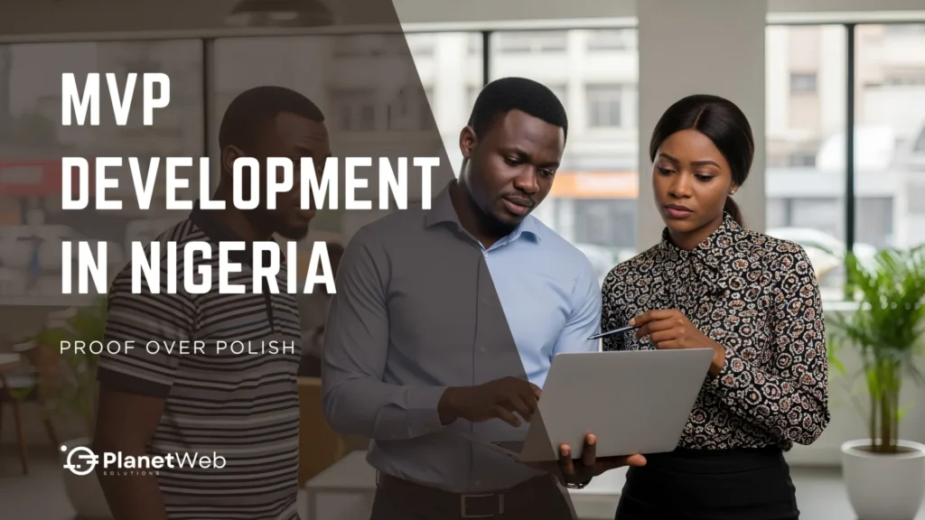 MVP development in Nigeria: PlanetWeb Solutions team reviews a laptop in a modern office.