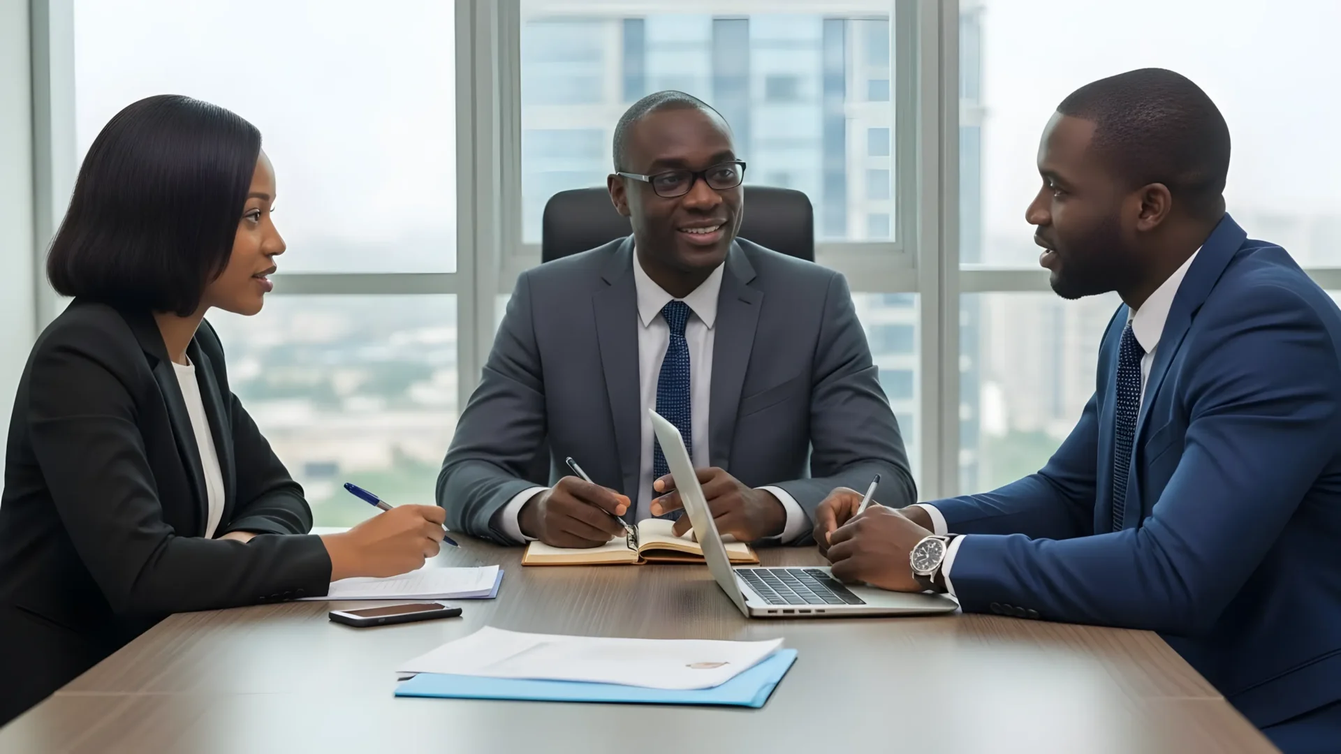 Professional team meeting in a modern office, discussing strategies with a city backdrop.