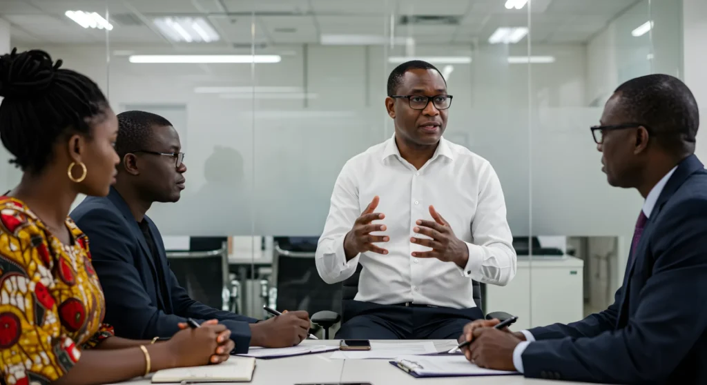 Diverse professionals engage in a collaborative discussion in a modern office meeting room.