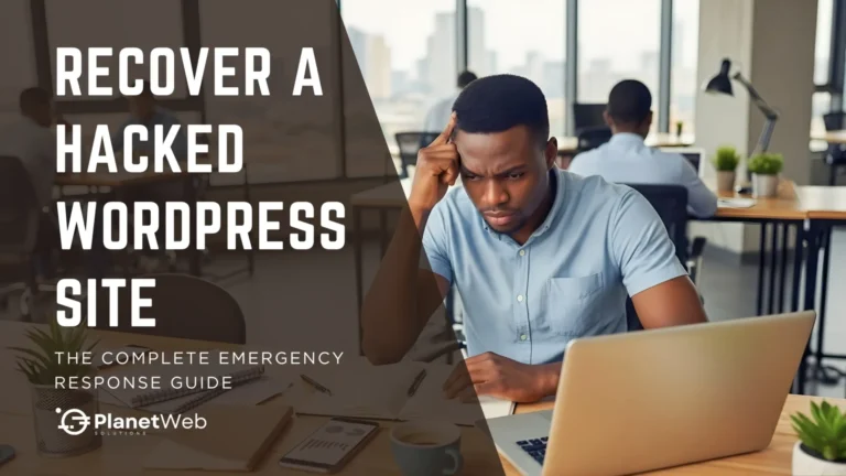 Young man trying to figure out how to recover a hacked WordPress Site in a modern office.