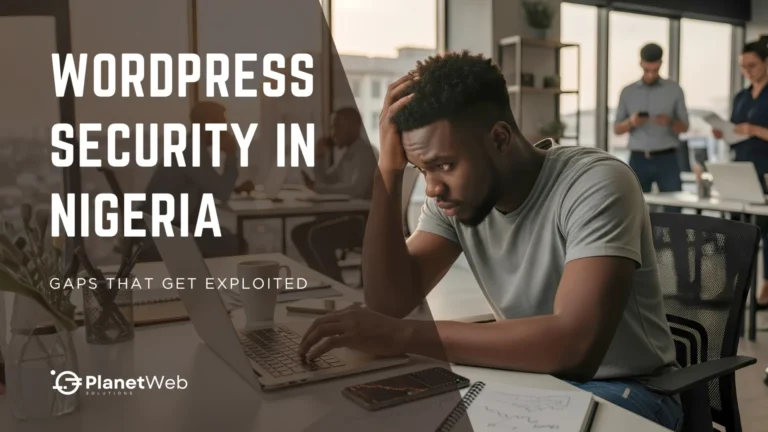 WordPress security in Nigeria banner with stressed developer in office.