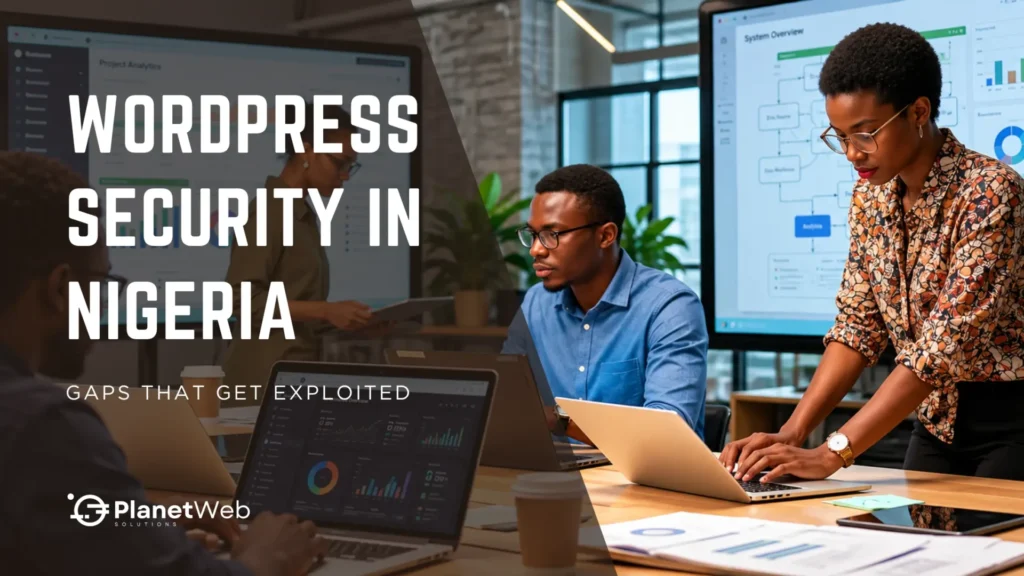WordPress security in Nigeria, cybersecurity training with PlanetWeb Solutions in office collaboration.