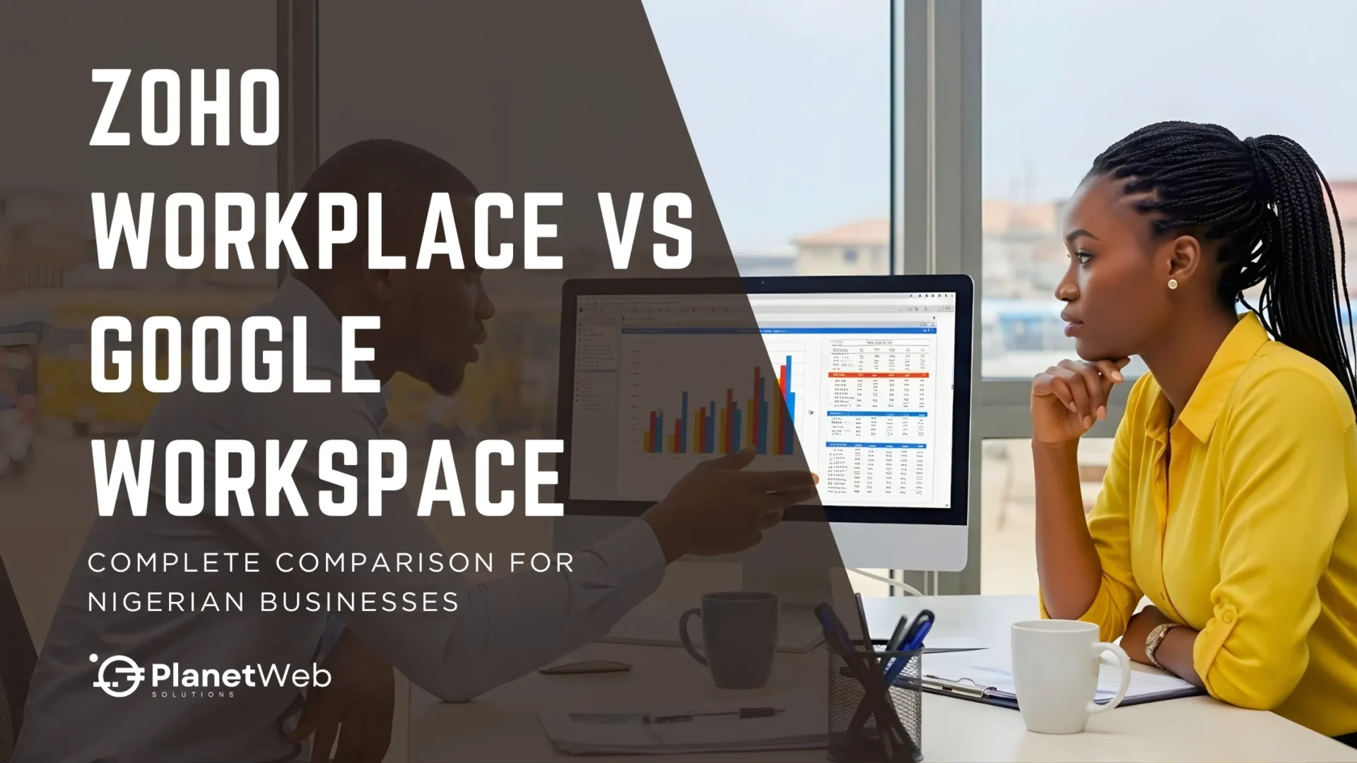 Professionals comparing Zoho Workplace vs Google Workspace for Nigerian businesses in a modern office.