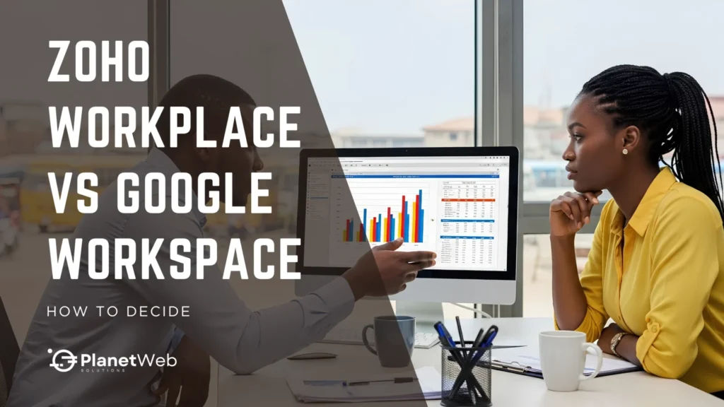 Zoho Workplace vs Google Workspace comparison thumbnail with office meeting scene.