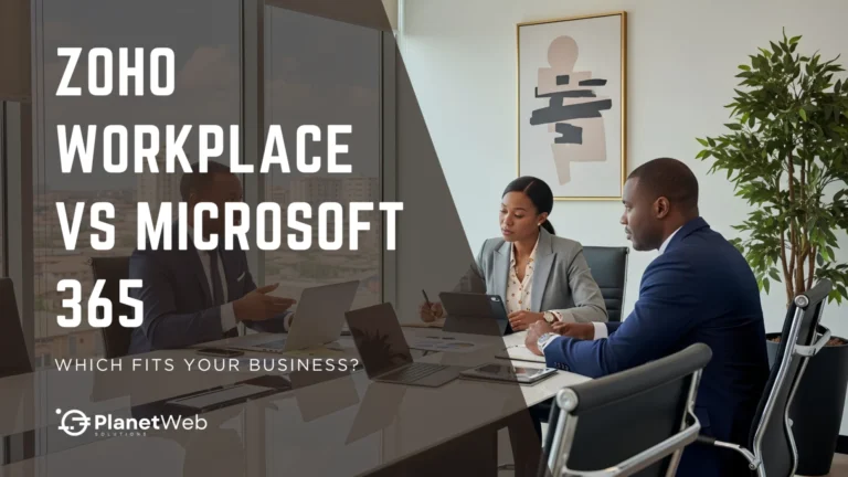 Zoho Workplace vs Microsoft 365 comparison in a modern business meeting scene.