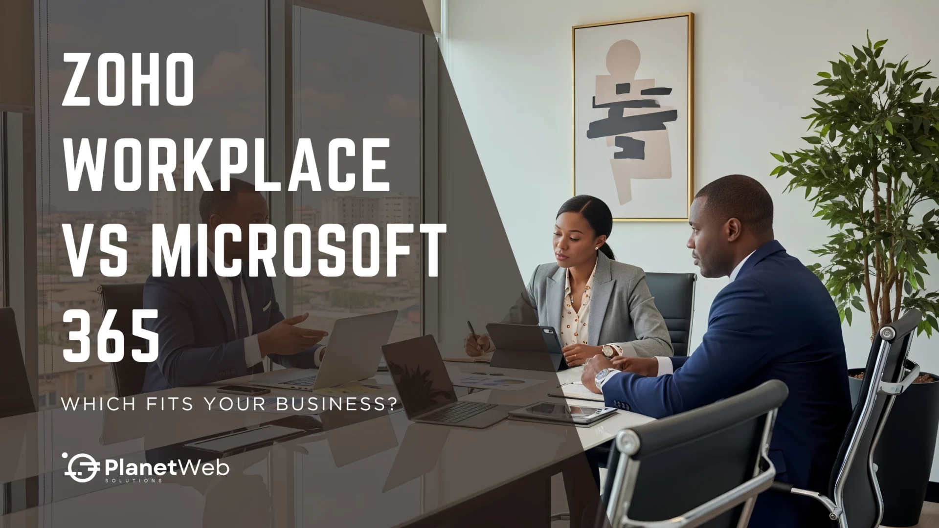 Zoho Workplace vs Microsoft 365 comparison in a modern business meeting scene.