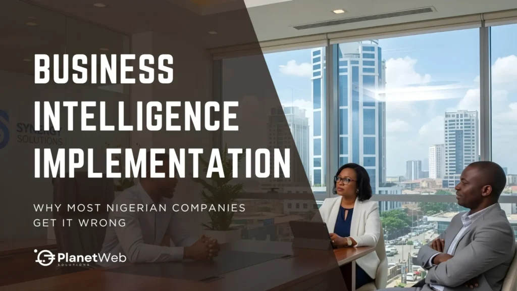 Business Intelligence Implementation conversation in a modern Nigerian office setting focused on strategic solutions.
