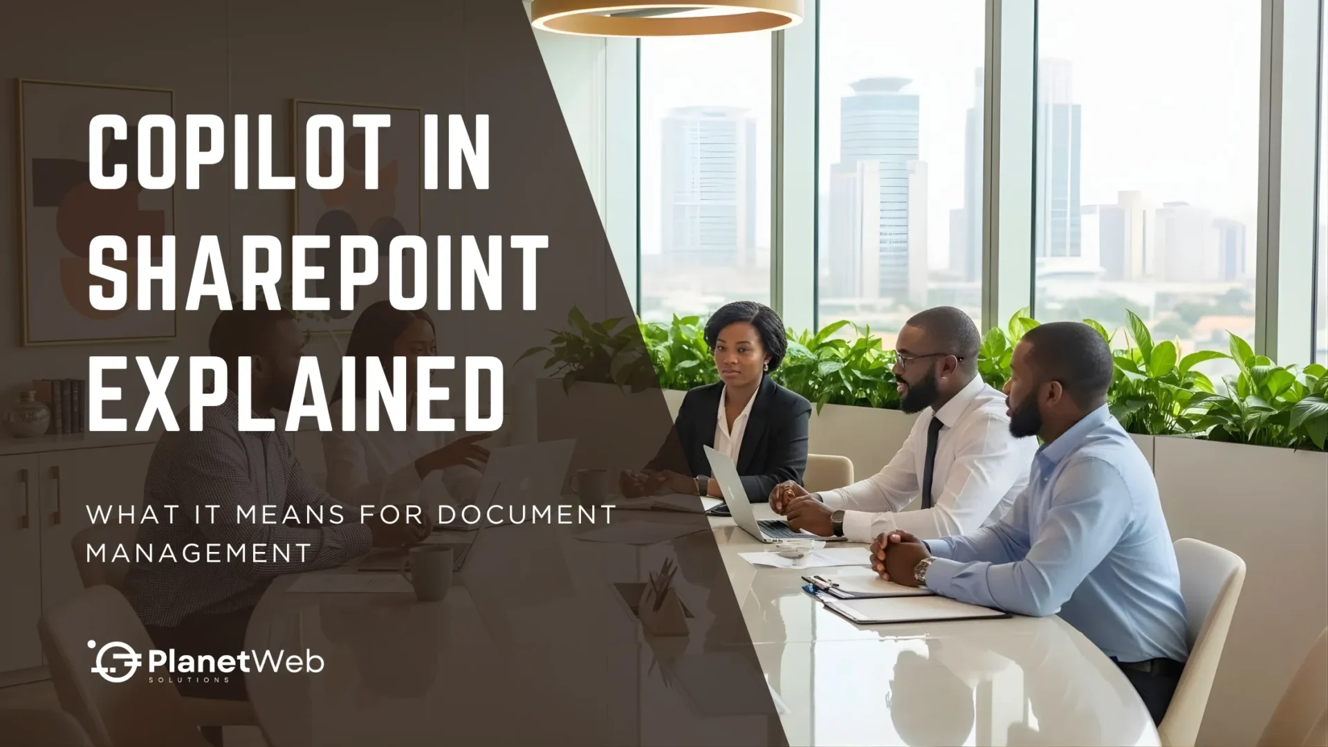 Professionals discussing Copilot in SharePoint for enhanced document management in a modern conference room.