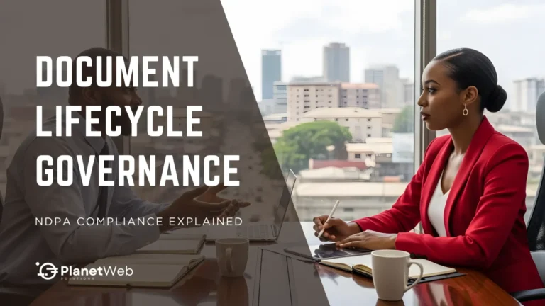 Document lifecycle governance presentation on NDPA compliance, featuring a corporate meeting and compliance notes.