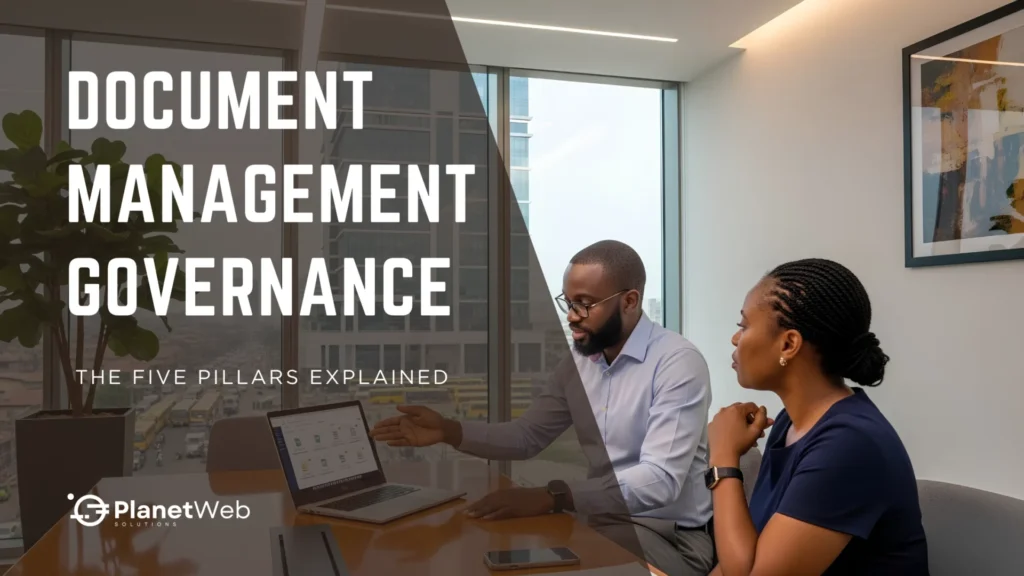 Document Management Governance presentation in a modern office meeting.