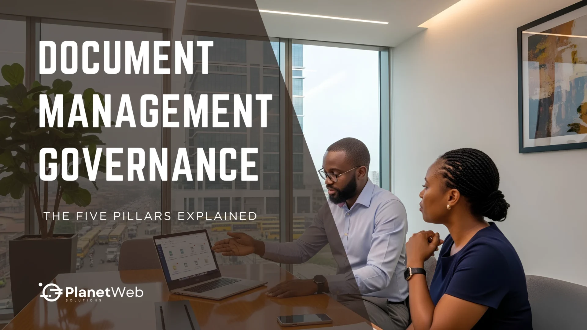 Document Management Governance presentation in a modern office meeting.