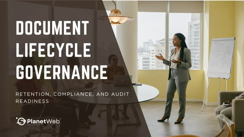 Professional woman presenting on document lifecycle governance in a modern office setting.