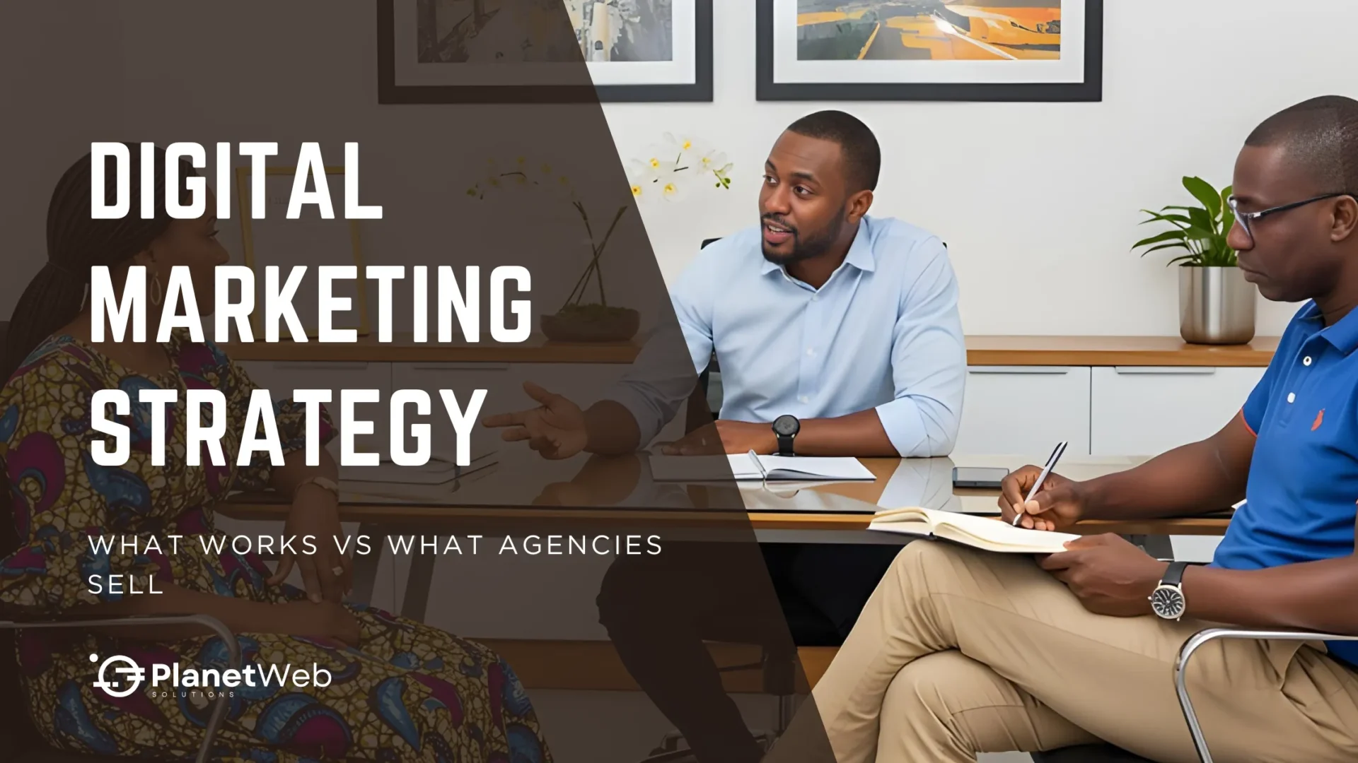 Digital marketing strategy meeting showcasing collaboration, diverse participants, and effective marketing discussions.