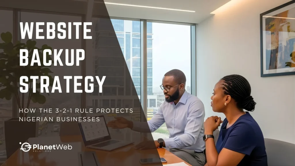 Professionals discussing website backup strategy in a modern office setting.