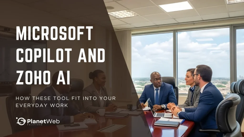 Business professionals discussing Microsoft Copilot and Zoho AI in a modern conference room.