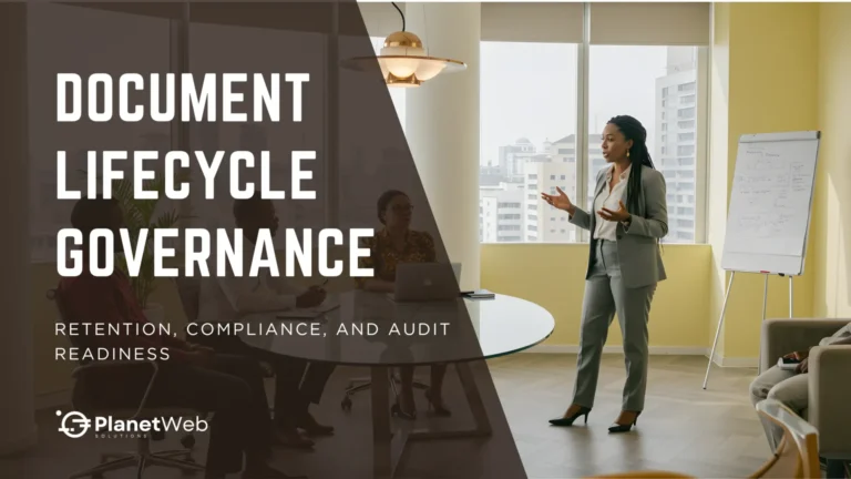 Professional woman presenting on document lifecycle governance in a modern office setting.