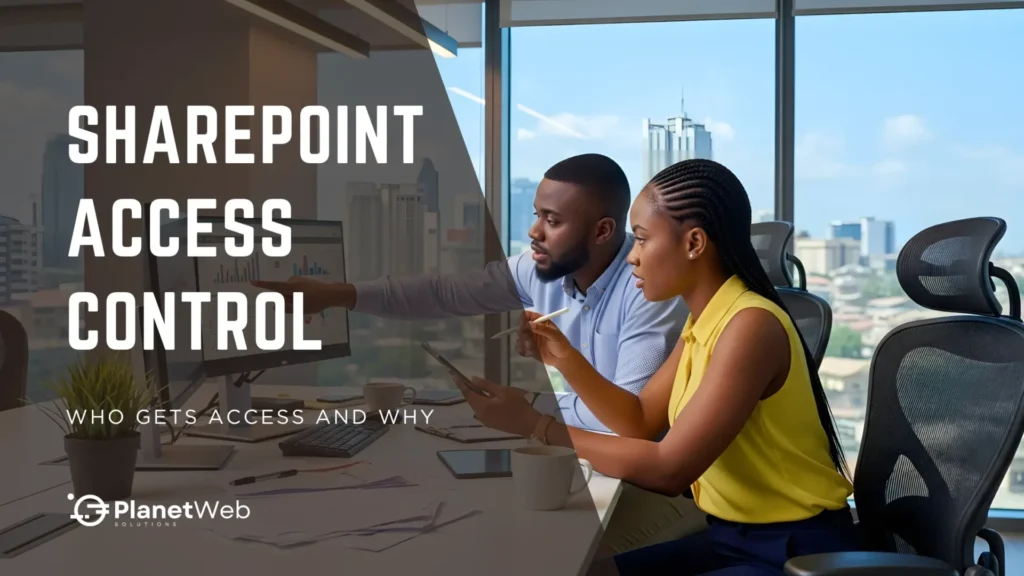 SharePoint access control training: who gets access and why, with team collaborating in office.