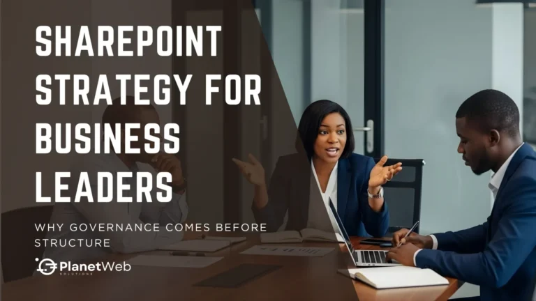 Business leaders discuss SharePoint Strategy in a modern, collaborative meeting environment.