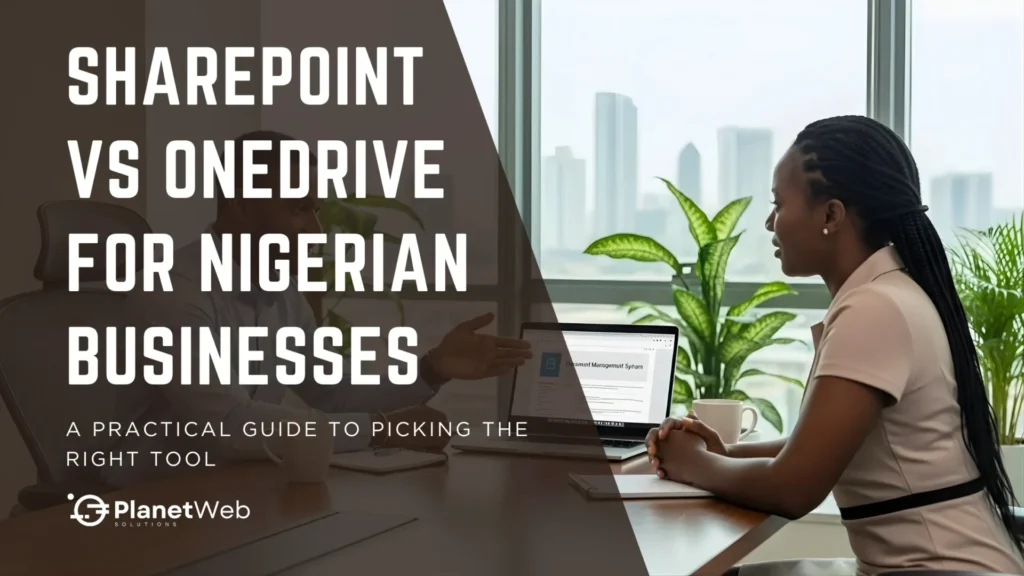 Meeting on SharePoint vs OneDrive for effective digital solutions in Nigerian businesses.