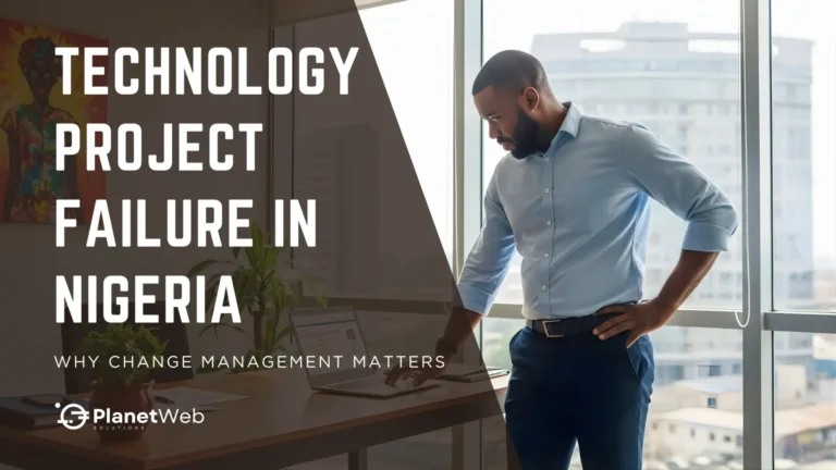 Professional addressing a technology project failure in Nigeria, highlighting change management strategies in a modern office.