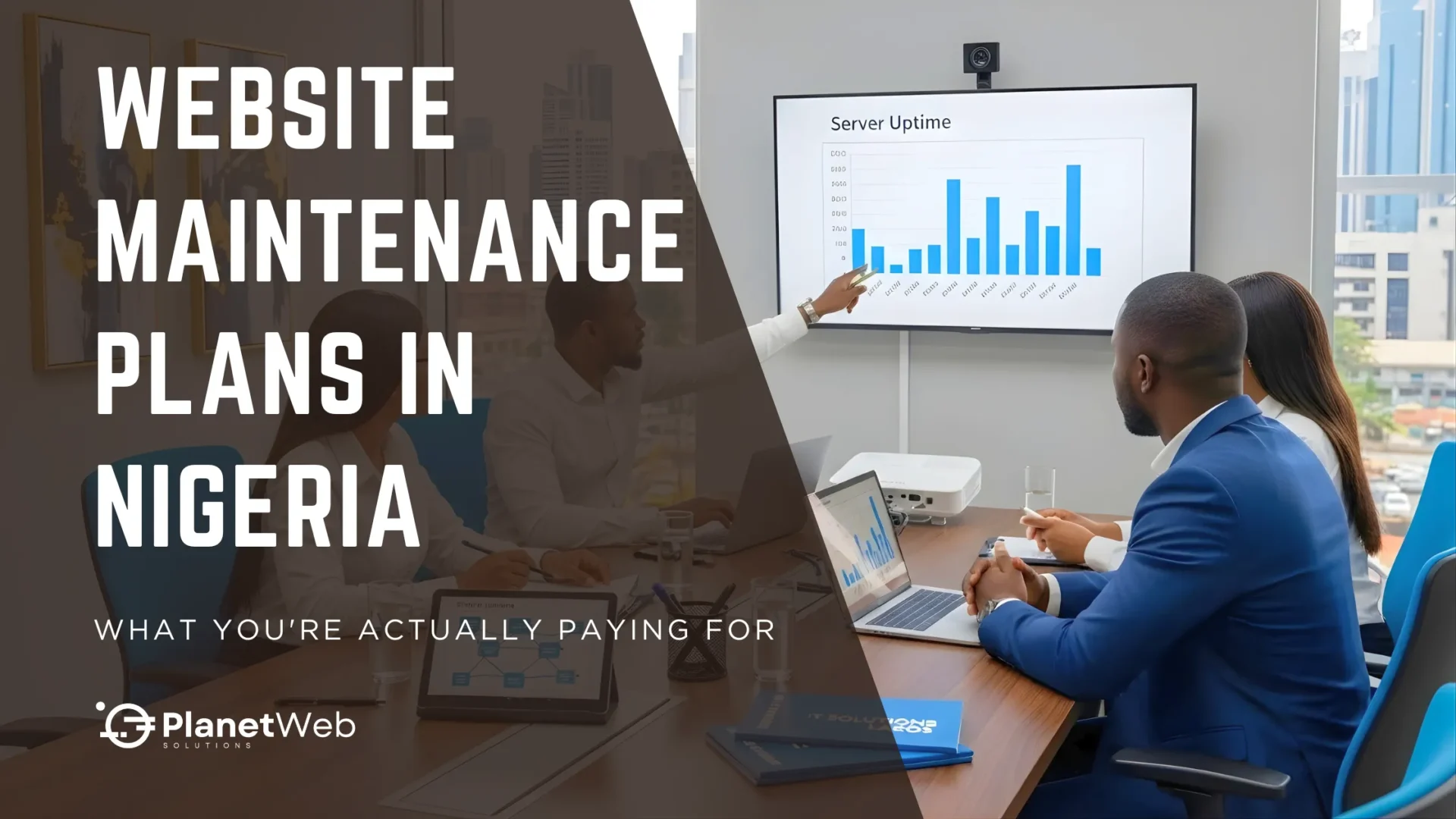 Professional meeting on website maintenance plans in Nigeria with engaging data presentation.
