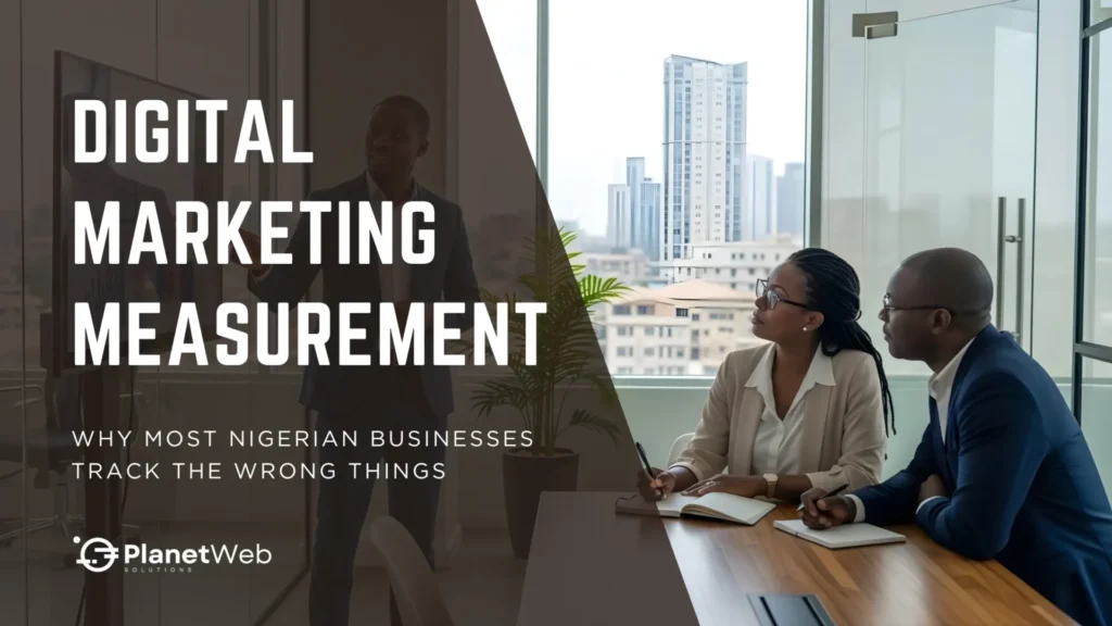 Professional meeting on digital marketing measurement in a bright conference room.